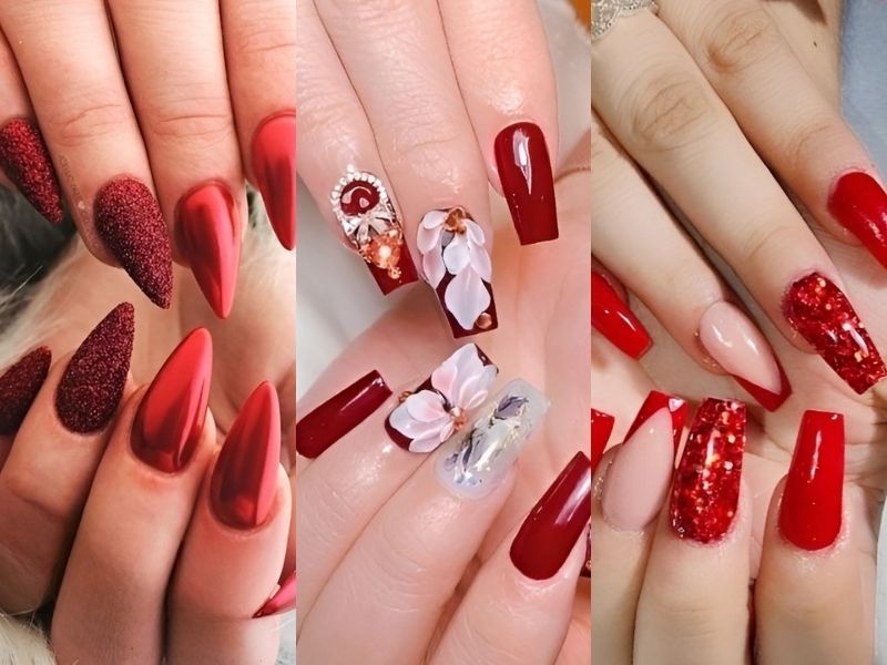 Mẫu nail nhọn màu đỏ nổi bật