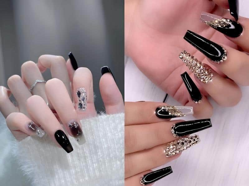 mẫu nail màu đen bóng đính đá