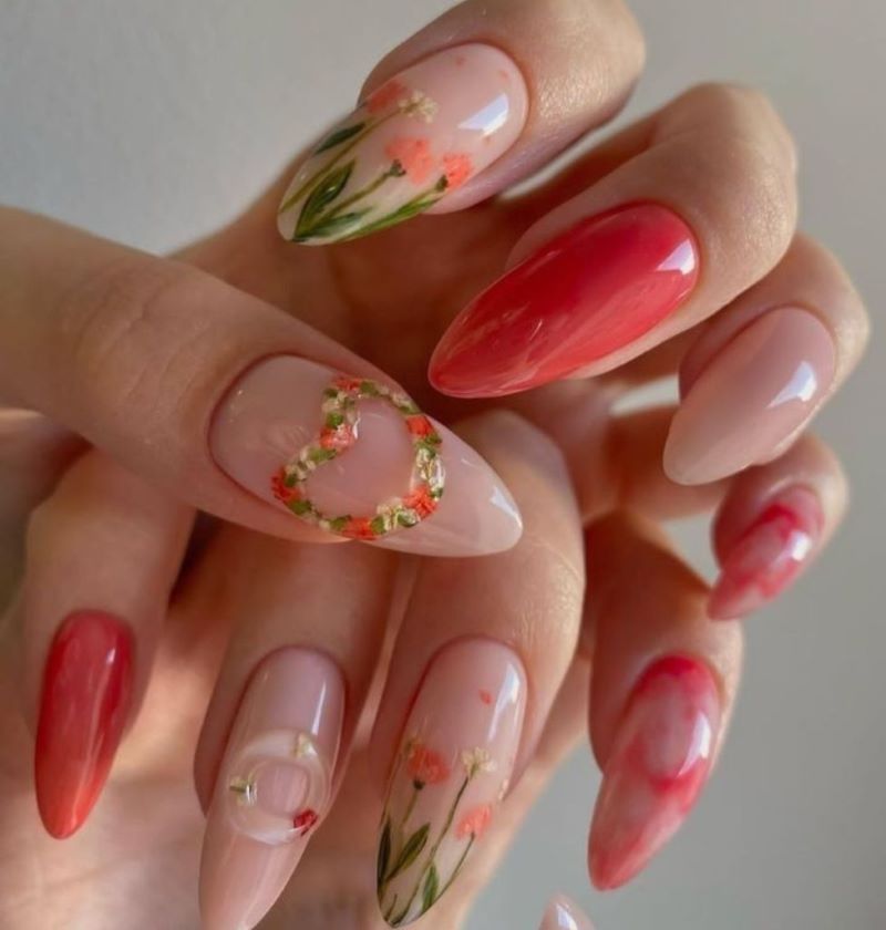 mẫu nail hoa hồng phối màu hồng nhạt