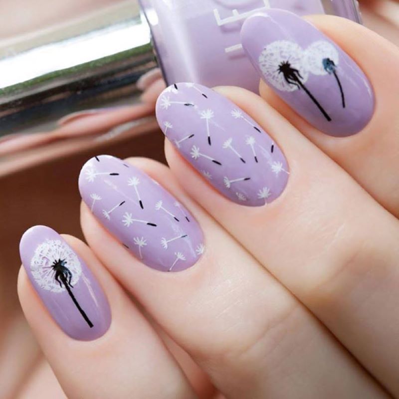 Nail hoa bồ công anh đơn giản mộng mơ