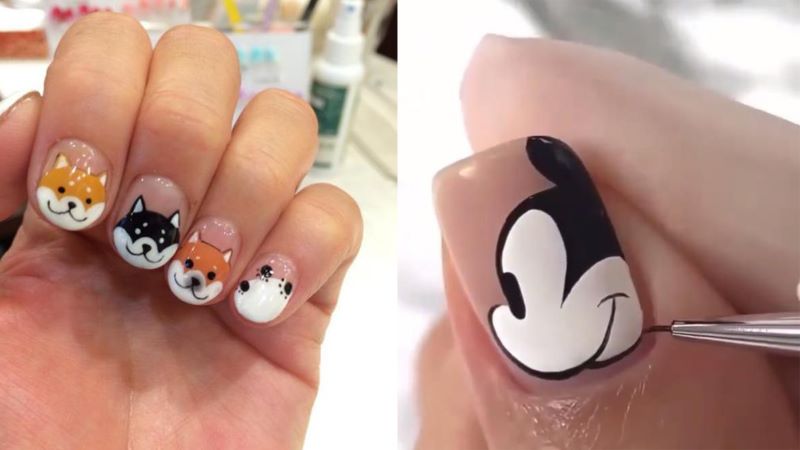 Những mẫu nail hoạt hình đơn giản với hoạ tiết chó shiba cute